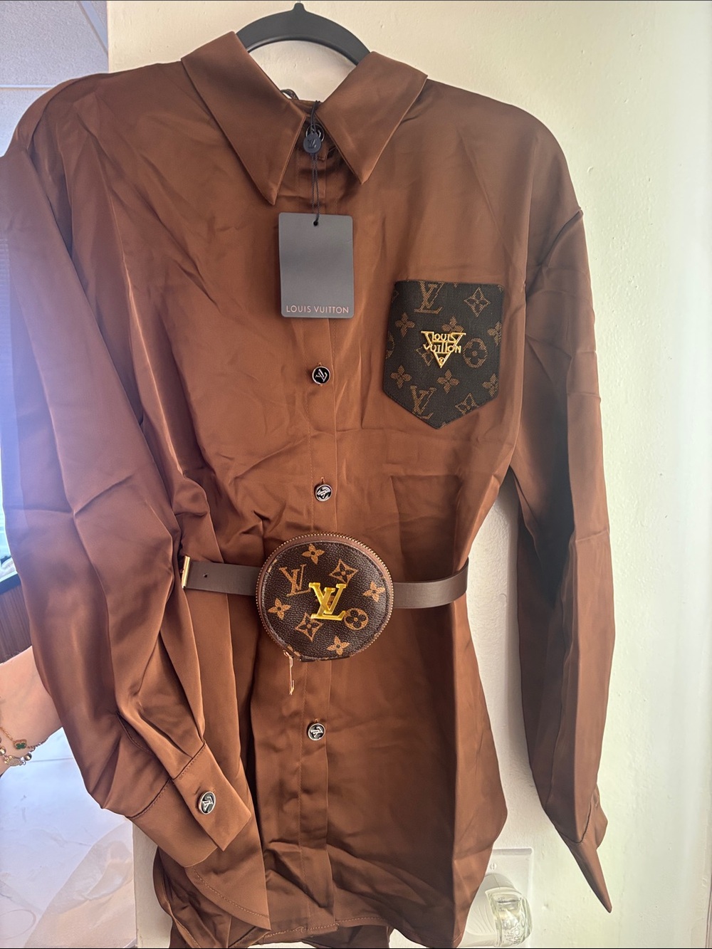 Brown Monogram Shirt Dress with Monogram Belt Pouch